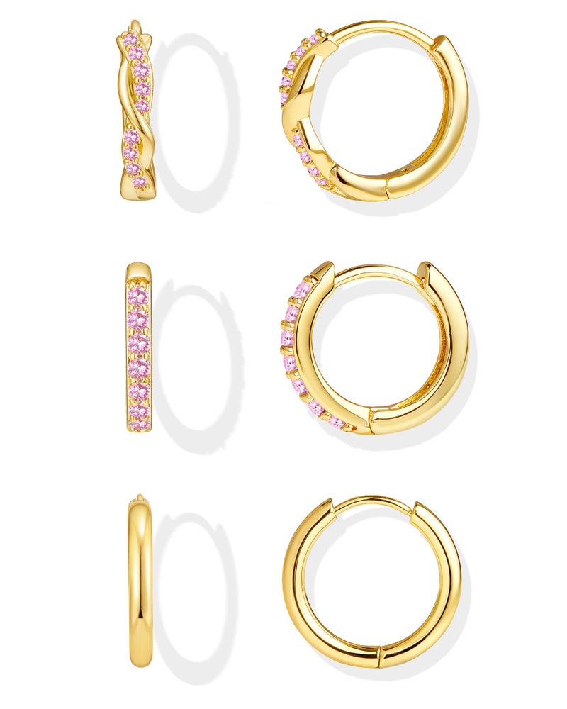 Inerney Gold Pink Tourmaline Huggie Hoop Earrings Set for Women, Dainty 14K Small Earring Hypoallergenic Jewelry for Multiple Piercings, Trendy Twisted Cute Cartilage Hoops October Birthstone Gift - Image 1