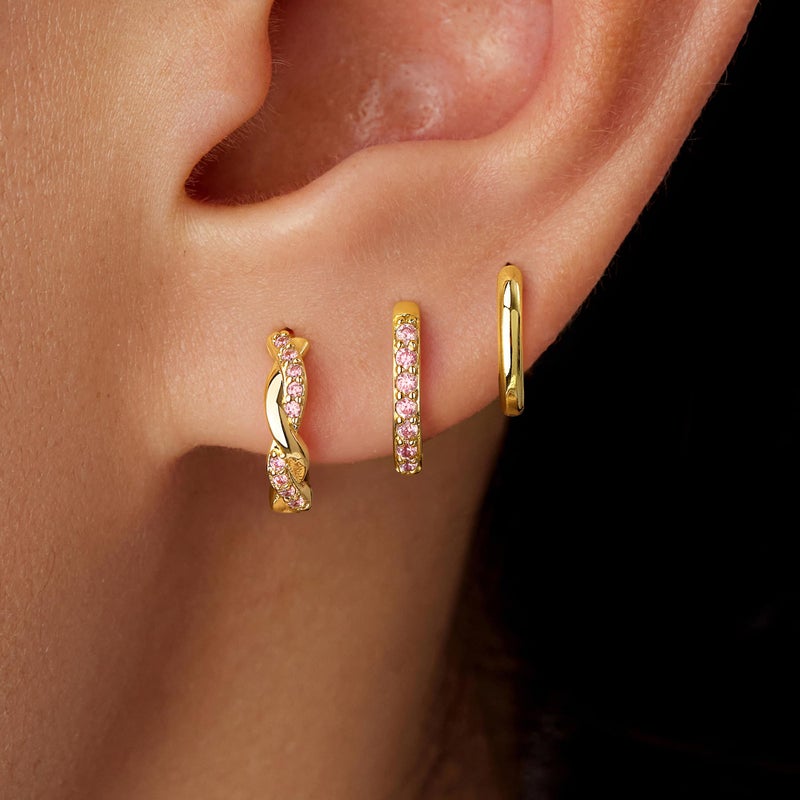 Inerney Gold Pink Tourmaline Huggie Hoop Earrings Set for Women, Dainty 14K Small Earring Hypoallergenic Jewelry for Multiple Piercings, Trendy Twisted Cute Cartilage Hoops October Birthstone Gift - Image 2