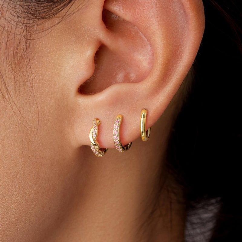 Inerney Gold Pink Tourmaline Huggie Hoop Earrings Set for Women, Dainty 14K Small Earring Hypoallergenic Jewelry for Multiple Piercings, Trendy Twisted Cute Cartilage Hoops October Birthstone Gift - Image 4