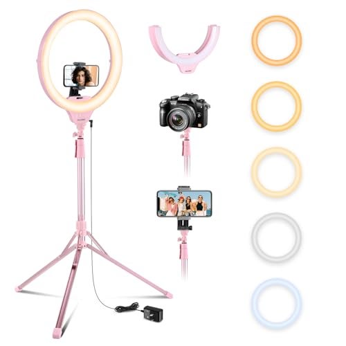 Aureday 14'' Pink Selfie Ring Light with 62'' Tripod Stand and Phone Holder, Dimmable LED Phone Ringlight for Makeup/Video Recording/Photography, Circle Lighting for Cell Phones&Lightweight Cameras - Image 1