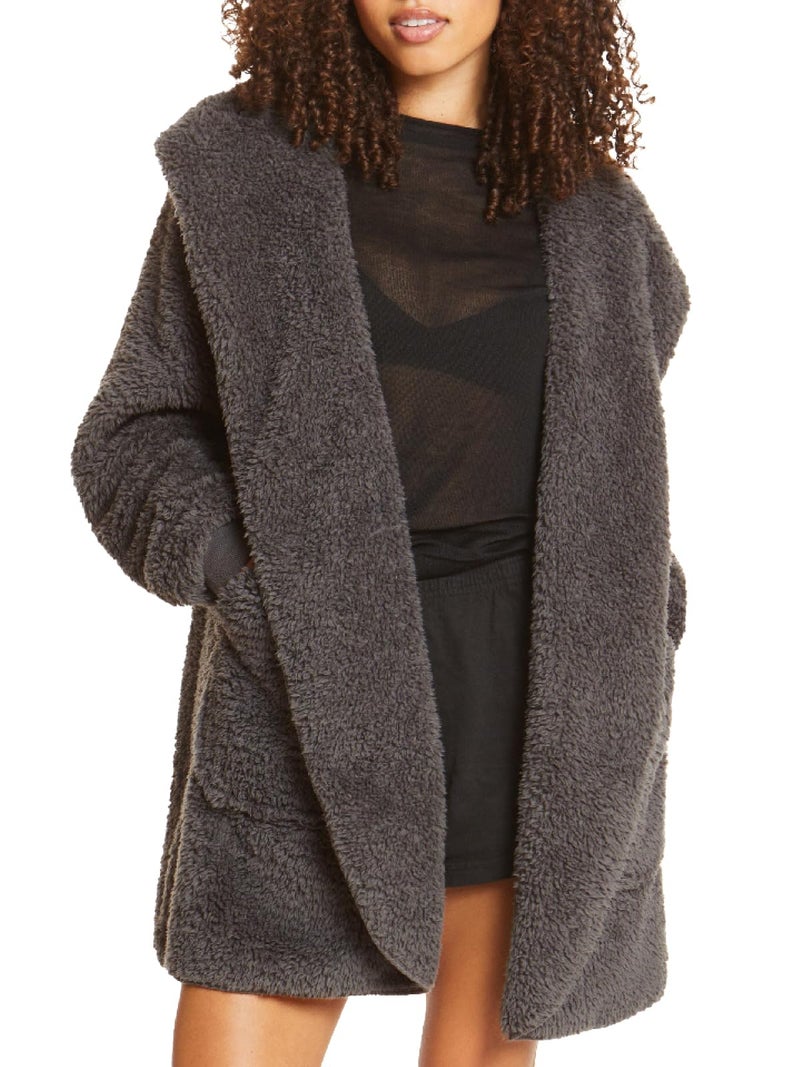 UnHide Shleepy Faux Fur Robe Lightweight Extra Soft Warm Wearable Blanket Machine Washable Charcoal Charlie Small