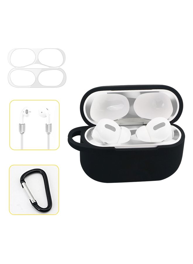 Case Cover For AirPods Pro Silicone Wireless Earphone Protective Case Storage Box with Hook & Anti-drop Rope Black+Silver Inner Sticker