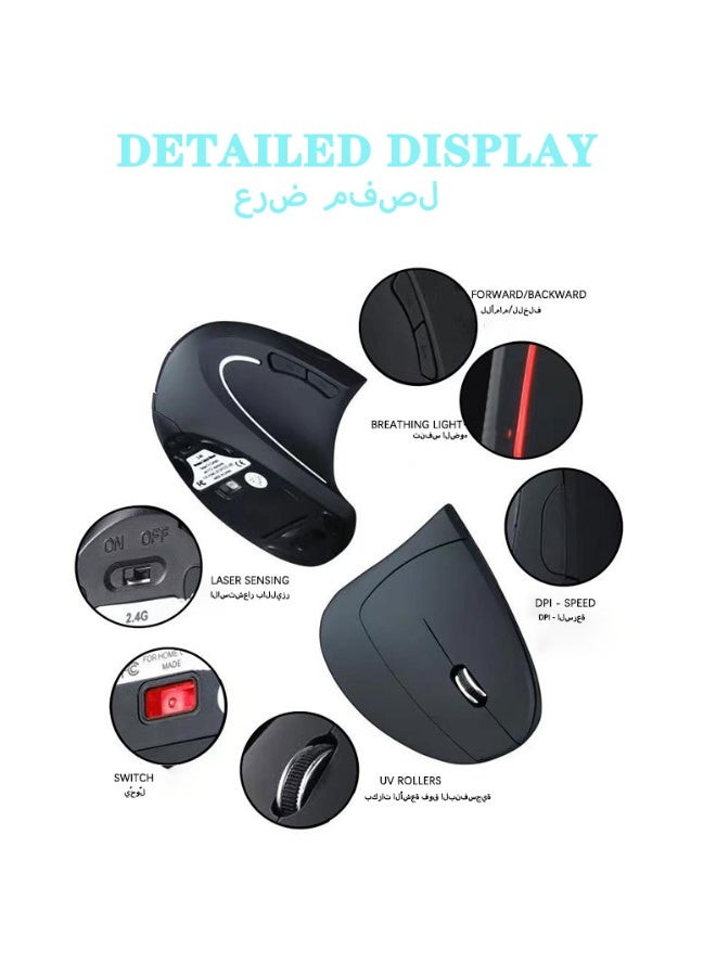 ماوس لاسلكي عمودي مريح لليد، ماوس بصري صامت بتقنية 2.4G مع مستقبل USB، تصميم مريح يقلل إجهاد المعصم للاستخدام المكتبي والمنزلي - Image 3