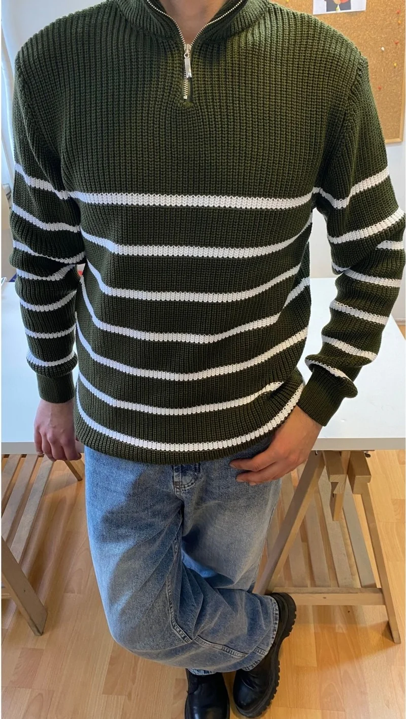 Cool Tarz Cool Style Khaki-White Men's Regular Zippered Fisherman Knitwear Sweater