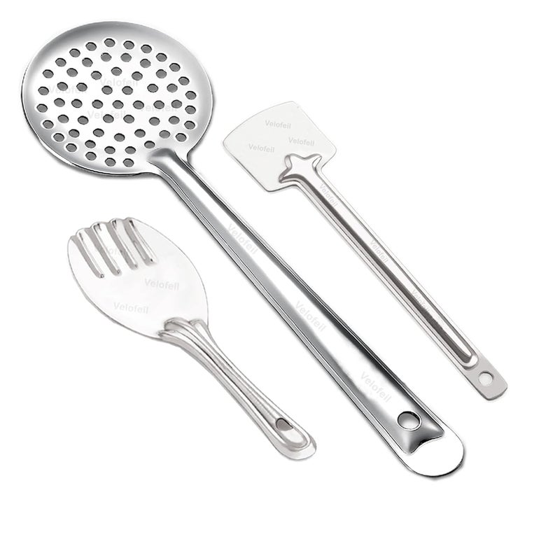 Velofeil Set of 3 Stainless Steel Kitchen Tools 235cm Panja Rice Spoon 36cm Skimmer Jhara 305cm Turner Spatula Ideal for Cooking Serving - Image 1