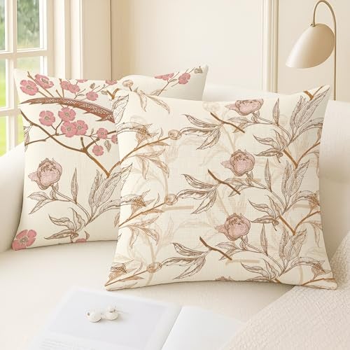 Brick Home Set of 2 Polycotton Printed Cushion Covers 24x24 Inches | Floral & Bird Design | Pastel Blush Pink, Beige & Off-White | Soft Fabric Decorative Pillow Covers for Sofa, Couch & Living Room - Image 2