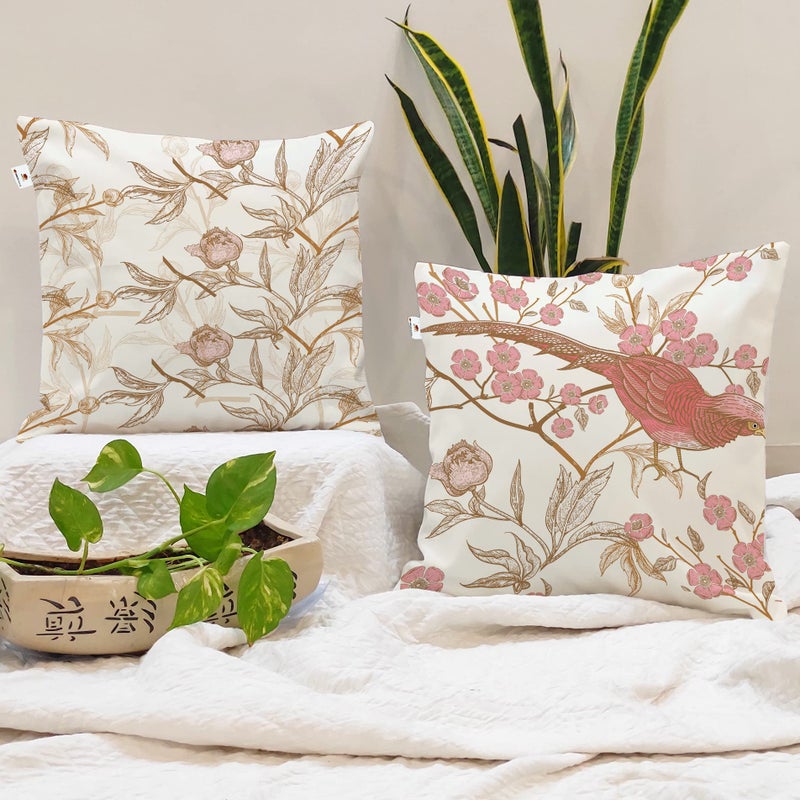 Brick Home Set of 2 Polycotton Printed Cushion Covers 24x24 Inches | Floral & Bird Design | Pastel Blush Pink, Beige & Off-White | Soft Fabric Decorative Pillow Covers for Sofa, Couch & Living Room - Image 5
