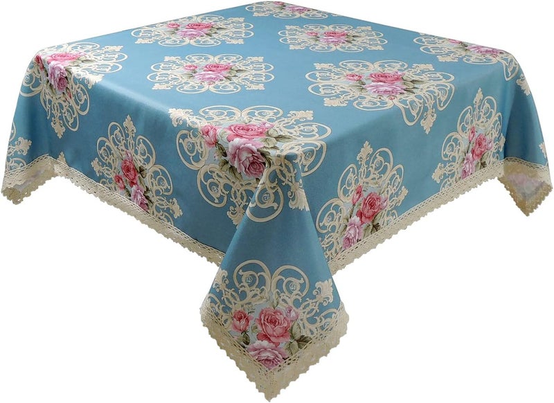 YEESSION Floral Print Square Tablecloth 38 x 38 Inch Stain Resistant and Waterproof Wine Table Cover for Kitchen Dining Indoor Outdoor Buffet Tabletop Decoration (Peacock Blue) - Image 1