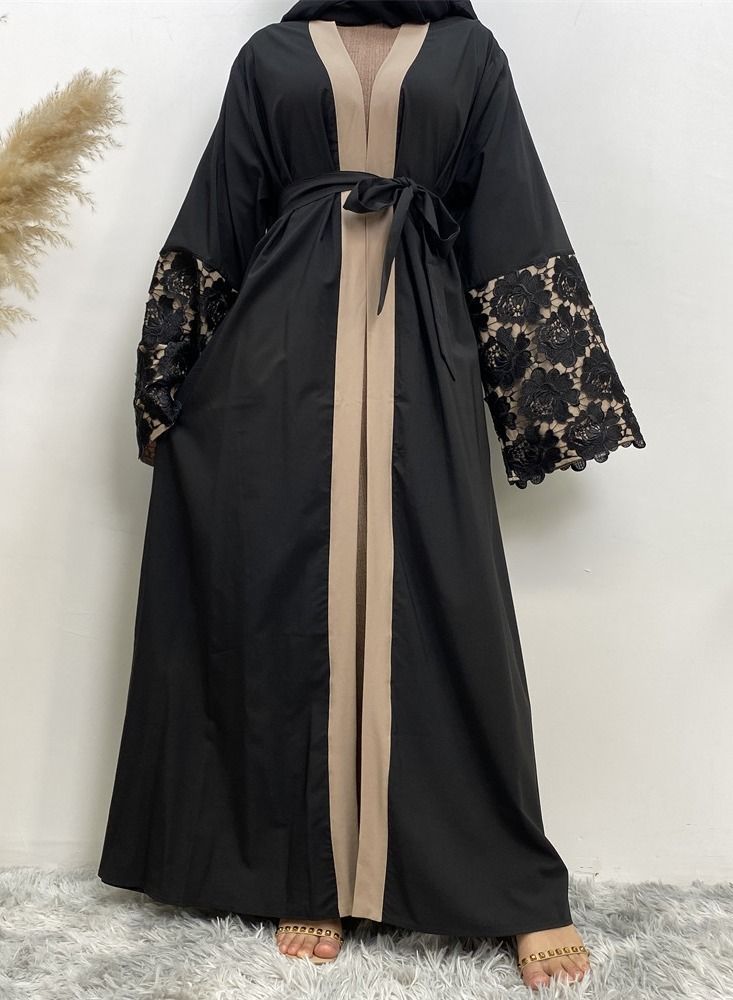 Loquat Lace Up Cardigan Gown Abaya Black  - Image 2