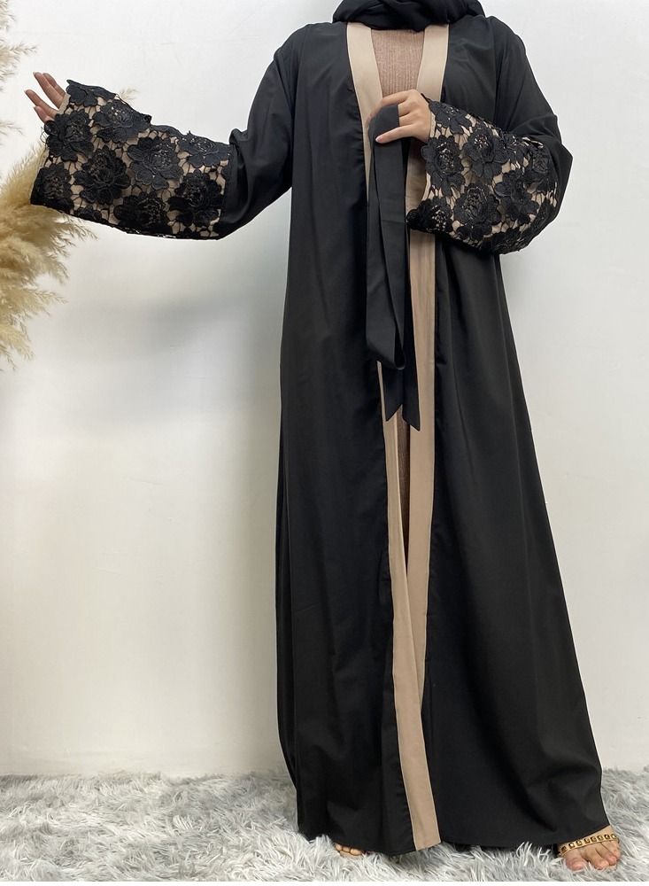 Loquat Lace Up Cardigan Gown Abaya Black  - Image 1