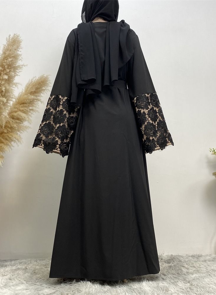 Loquat Lace Up Cardigan Gown Abaya Black  - Image 3