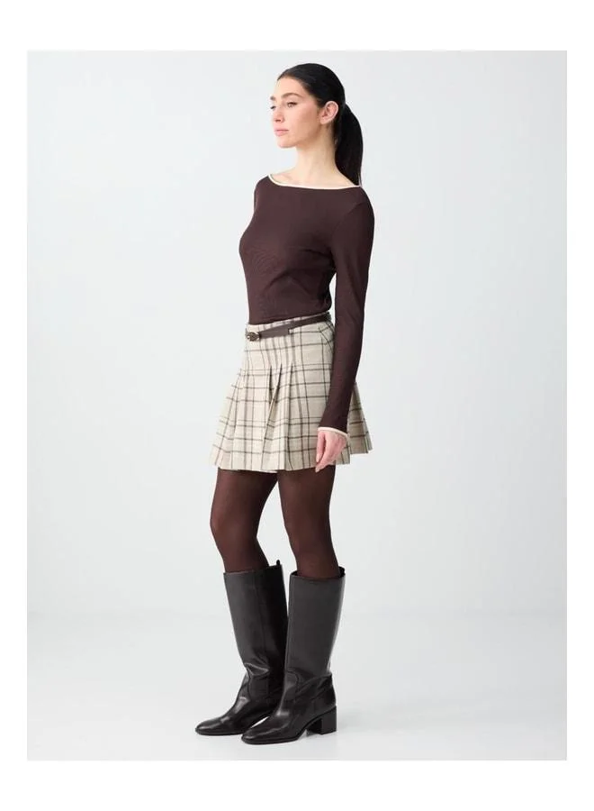 Jimmy Key Beige Melange High-Waisted Checked Mini Knit Skort