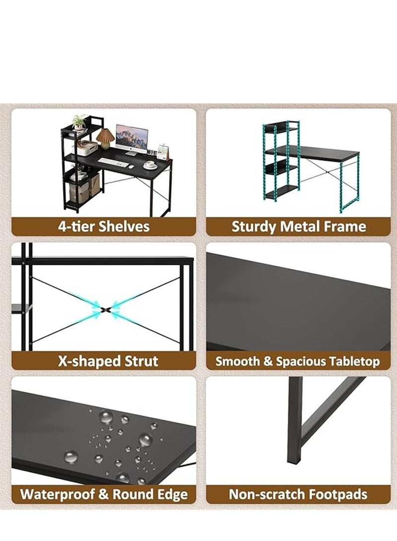 طاولة مكتب الكمبيوتر ، طاولة ألعاب المكتب الزاوية مع الرفوف ، طاولة كتابة مكتب الدراسة مع رف الكتب للمكتب المنزلي ، تجميع سهل (أسود ، H100A) - Image 3
