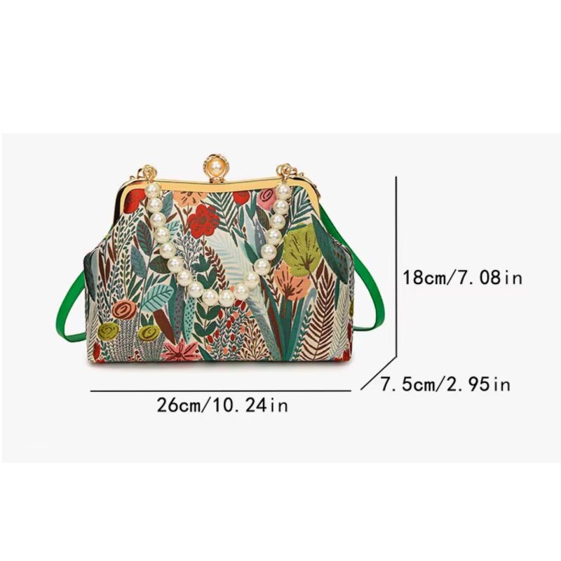 Flower embroidery crossbody bag with clasp design and pearl chain strap - Image 2