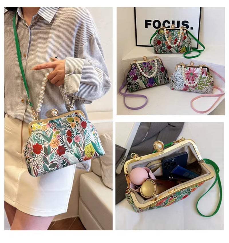 Flower embroidery crossbody bag with clasp design and pearl chain strap - Image 3
