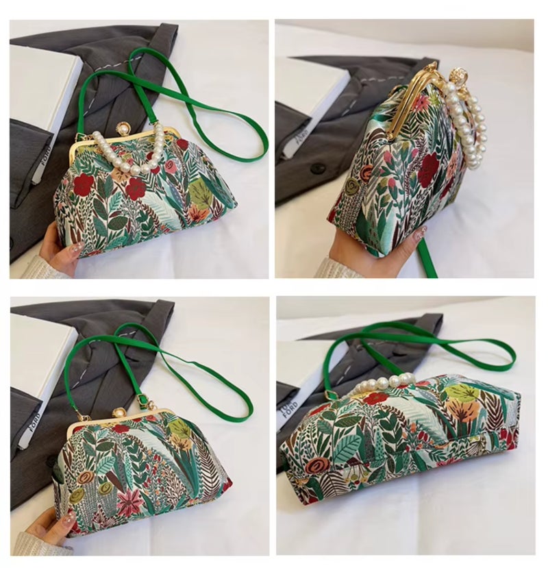 Flower embroidery crossbody bag with clasp design and pearl chain strap - Image 4