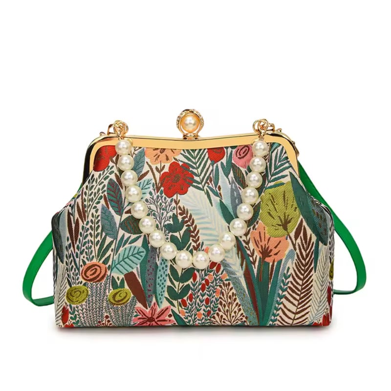 Flower embroidery crossbody bag with clasp design and pearl chain strap - Image 1