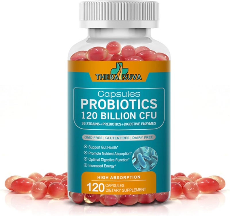 TheraSuva Probiotics 120 Billion CFU36 Strains  Organic Prebiotics  Digestive Enzyme  Natural Whole Food Supplement for Ultimate Gut Health Support 120 Softgels 60 Day Supply - Image 1