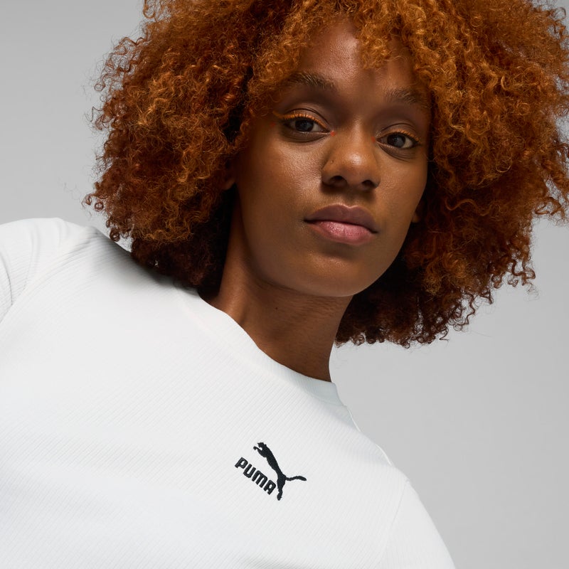 PUMA CLASSICS Womens White Ribbed Slim T-shirt - Image 5