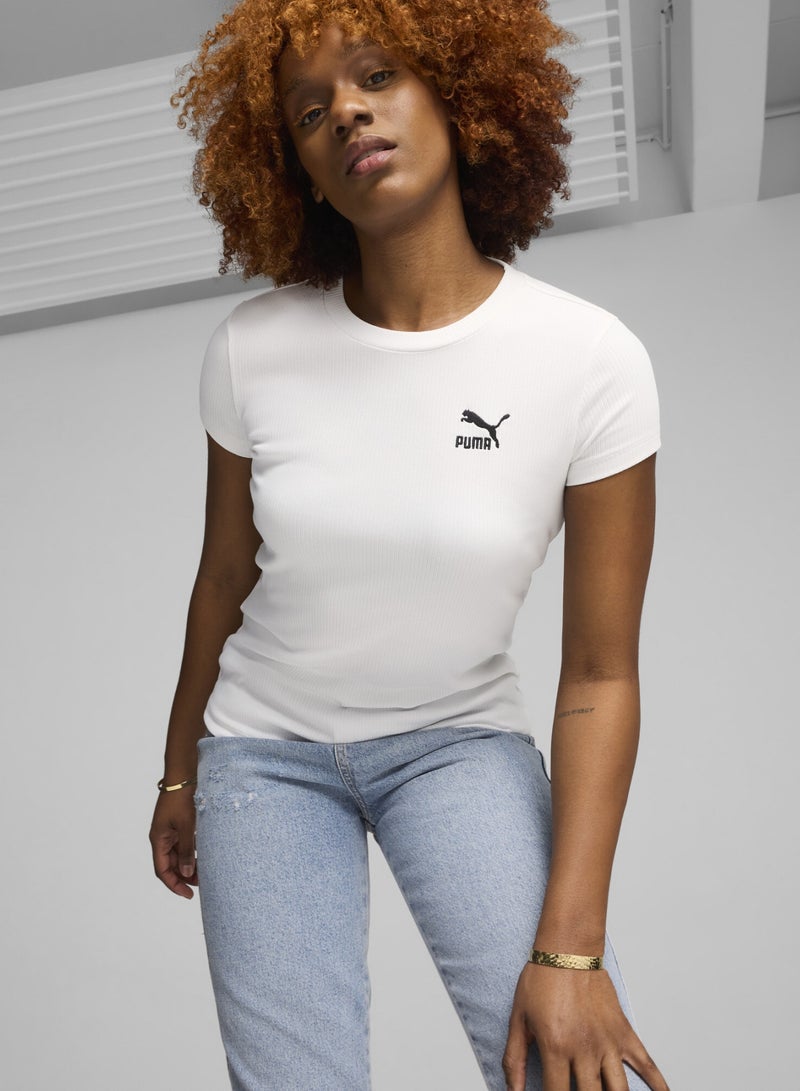 PUMA CLASSICS Womens White Ribbed Slim T-shirt - Image 1