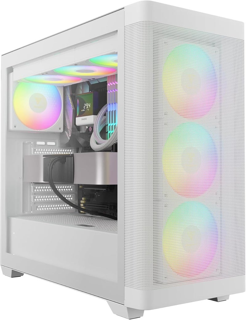جامدياس حالة كمبيوتر GAMDIAS White ATX من نوع Mid Tower مصنوعة من الزجاج المقوى، تدعم أنظمة التبريد المائي المتكاملة (AIO/Radiator) بقطر 360 مم، وتحتوي على 7 مراوح داخلية بقطر 120 مم (منها 4 مراوح مدمجة)، ومنفذ للكرت الرسوميات بقطر 420 مم، ومنافذ USB3.0 بعدد 2، ومنفذ من نوع Type C بعدد 1، بالإضافة إلى مبرد للمعالج بقطر 170 مم. - Image 1