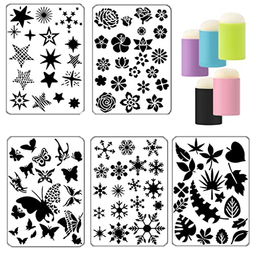 JZTang Stencils for Painting Set 5 Pcs Painting Stencils Leaves Flowers Butterflies Snowflakes Stars Stencils for Crafts 5 Pcs Finger Painting Sponge for Art DIY Craft Card Gift Tags and Scrapbooking - Image 1