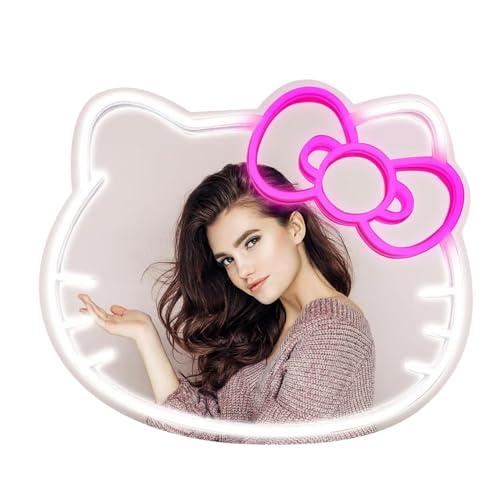 MCJSGSP Anime Hello Kit Mirror with Light Neon Signs for Wall Decor, Dimmable for Teen Girl Gift，Makeup Mirror neon Sign Room Decor (16.1 * 14 inch) - Image 1