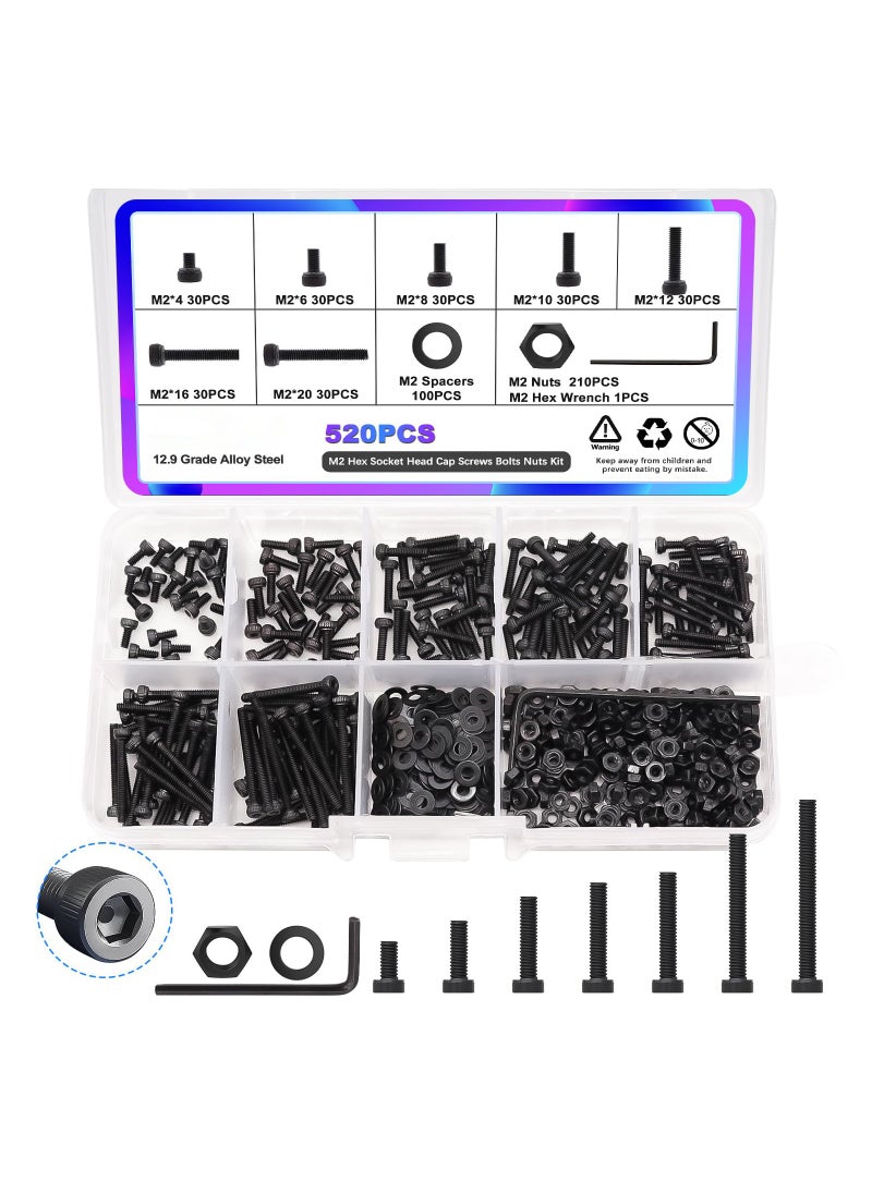 Generic - M2 Small Screw Assortment Suitable for 3D Printer DIY, M2 x 4/6/ 8/10/12/16/20mm Hex Socket Head Cap Screws Bolts Nuts Kit, 520PCS 12.9 Grade Alloy Steel Assorted Screws with Hex Wrench - Image 1