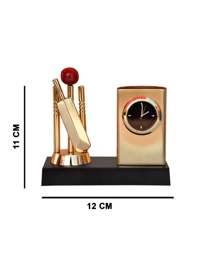 Saugat Traders Corporate Gifts For Clients Metal Cricket Pen Stand With Analog Watch Unique Gift- New Year Gift, Birthday Gift For Men & Boys, Doctor, Son, Student, Pen Holder, Gold  - Image 2
