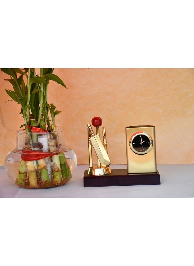 Saugat Traders Corporate Gifts For Clients Metal Cricket Pen Stand With Analog Watch Unique Gift- New Year Gift, Birthday Gift For Men & Boys, Doctor, Son, Student, Pen Holder, Gold  - Image 3