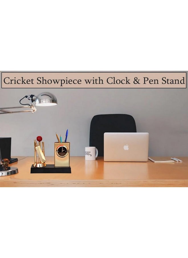 Saugat Traders Corporate Gifts For Clients Metal Cricket Pen Stand With Analog Watch Unique Gift- New Year Gift, Birthday Gift For Men & Boys, Doctor, Son, Student, Pen Holder, Gold  - Image 4
