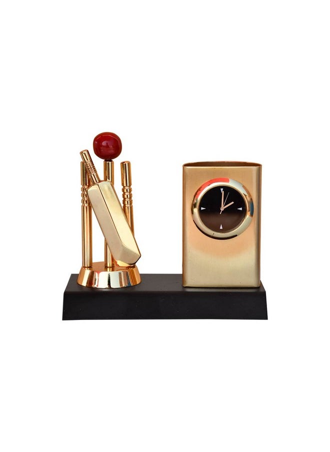 Saugat Traders Corporate Gifts For Clients Metal Cricket Pen Stand With Analog Watch Unique Gift- New Year Gift, Birthday Gift For Men & Boys, Doctor, Son, Student, Pen Holder, Gold  - Image 1