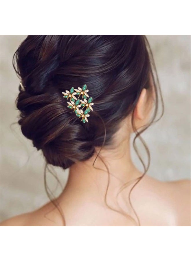 Wedding Hair Pins Gold Rhinestone Bridal Hairpin Green Crystal Headpiece Hair Accessories for Women and Girls （Pack of 5）
