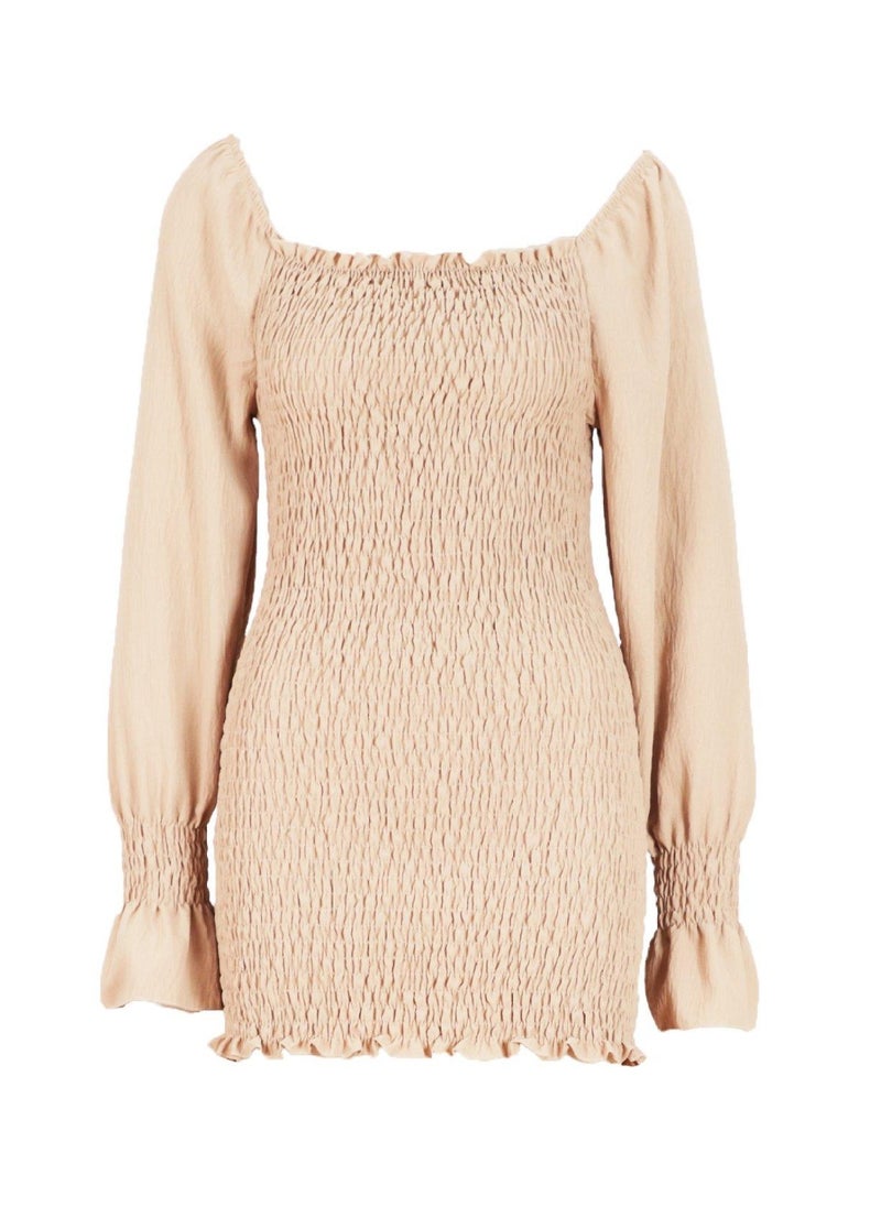 boohoo - Petite Volume Sleeve Shirred Mini Dress - Image 1