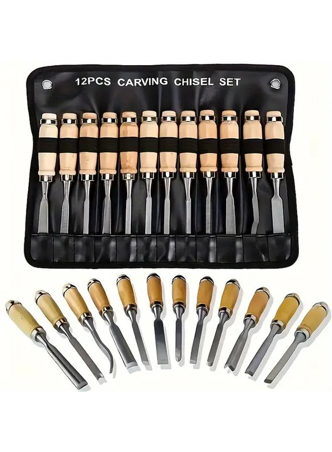 12 Pcs Professional Wood Carving Chisel Set High Manganese Steel Comfortable Beech Handle Polished Surface For Detailed Woodworking Carving Projects With Durable Storage Box - Image 1