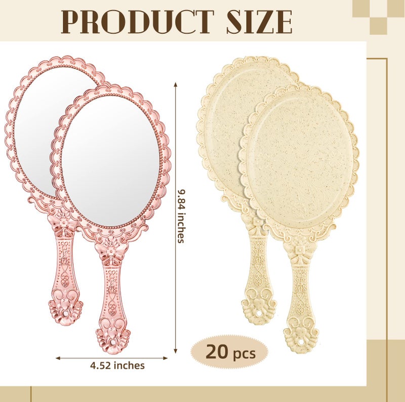 Namalu 20 Pcs Vintage Handheld Mirrors  9.8"" L x 4.5"" W Portable Hand Held Embossed Flower Retro Compact Mirror with Handle for Women Face Makeup Travel(Beige  Rose Gold) - Image 2
