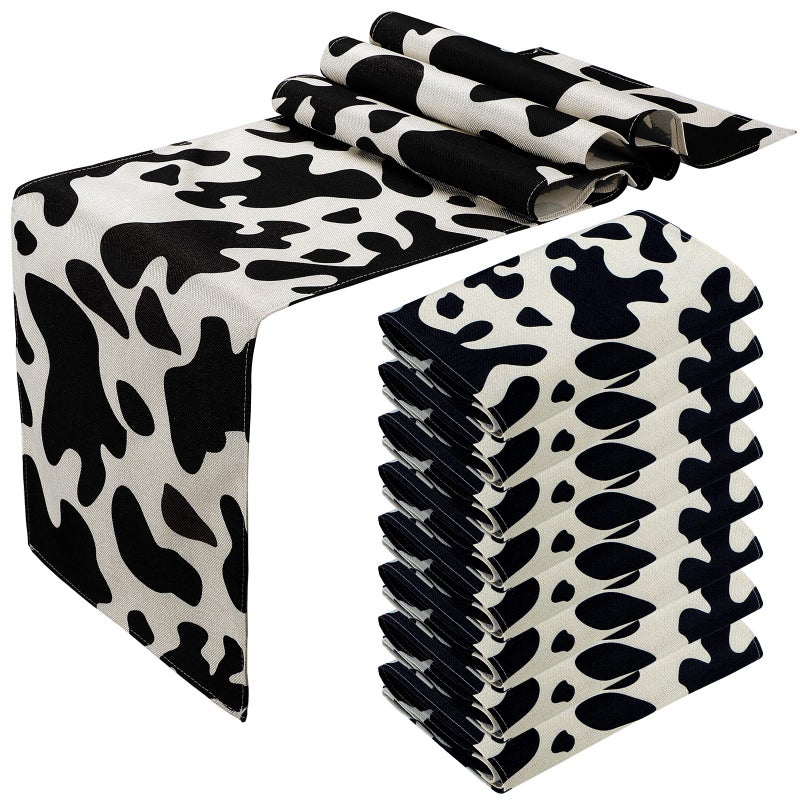 Kingdder 8 Pcs Linen Cow Print Table Runner Farm Black and White Cowhide Tablecloth Cow Print Table Cloths for Parties Kitchen Western Barnyard Cowboy Birthday Home Decorations 13 x 72 in