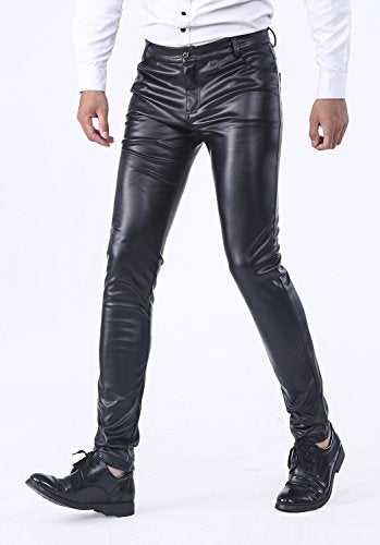 Idopy Men`s Business Slim Fit Five Pockets Faux Leather Pants Jeans Black 31 - Image 2