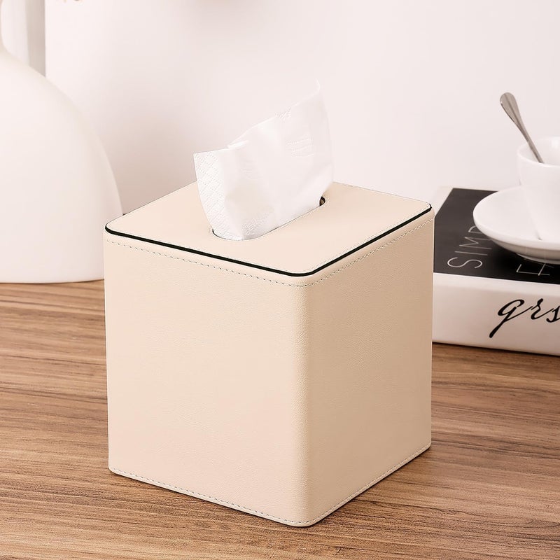 KINGFOM Leather Tissue Box Cover – Square Modern PU Leather Tissue Holder, Cube Tissue Dispenser for Home, Office, Bedroom, Bathroom – Elegant Minimalist Style (Beige-Square) - Image 4