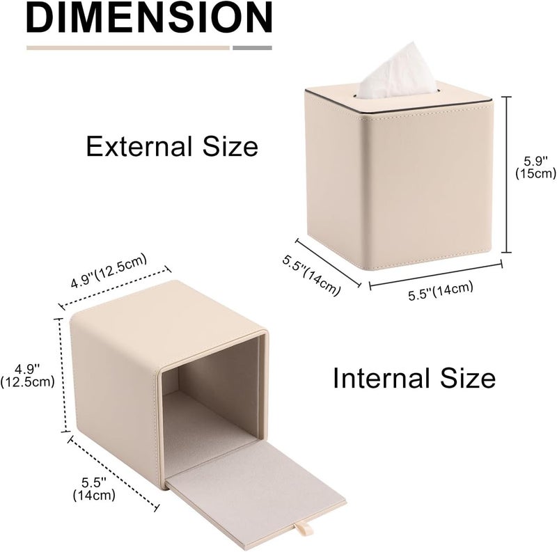 KINGFOM Leather Tissue Box Cover – Square Modern PU Leather Tissue Holder, Cube Tissue Dispenser for Home, Office, Bedroom, Bathroom – Elegant Minimalist Style (Beige-Square) - Image 2