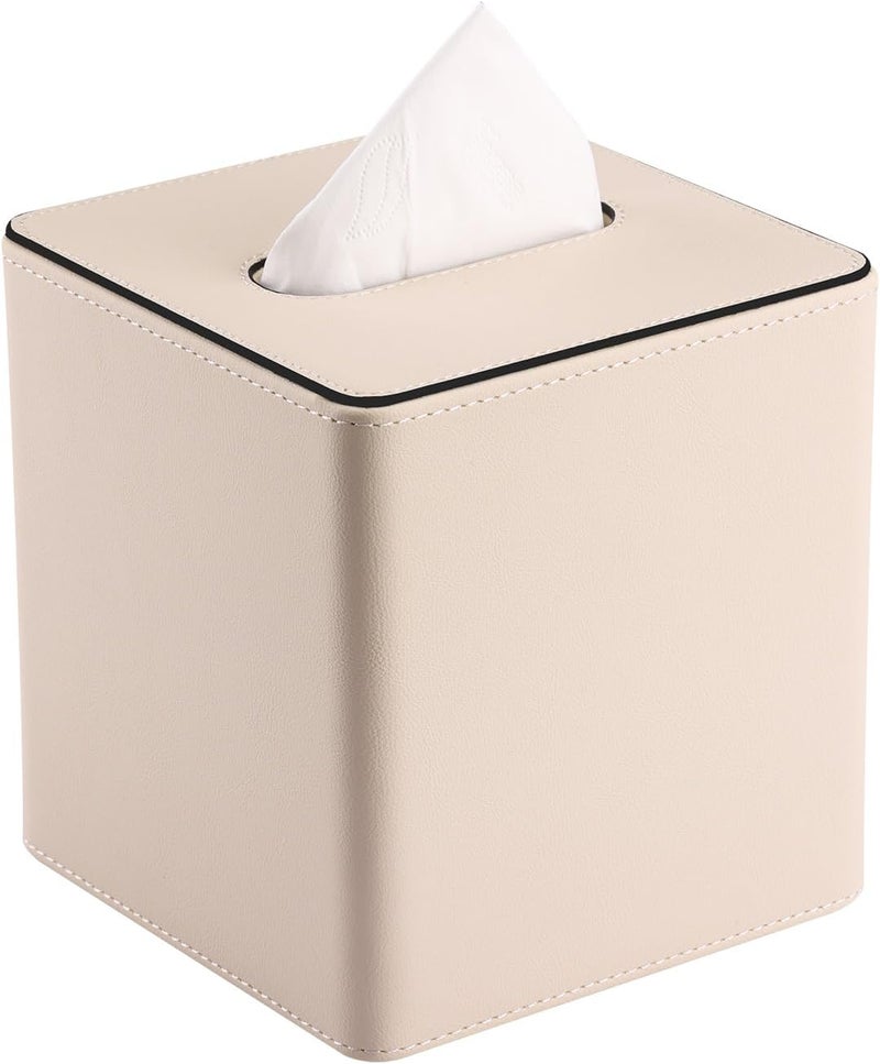 KINGFOM Leather Tissue Box Cover – Square Modern PU Leather Tissue Holder, Cube Tissue Dispenser for Home, Office, Bedroom, Bathroom – Elegant Minimalist Style (Beige-Square) - Image 1