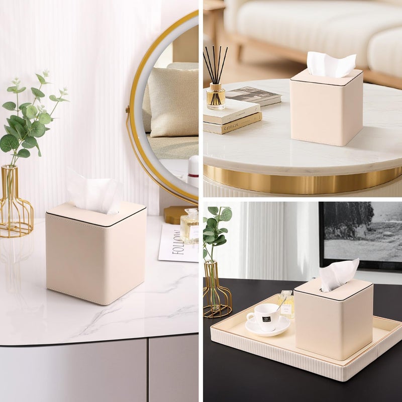 KINGFOM Leather Tissue Box Cover – Square Modern PU Leather Tissue Holder, Cube Tissue Dispenser for Home, Office, Bedroom, Bathroom – Elegant Minimalist Style (Beige-Square) - Image 5
