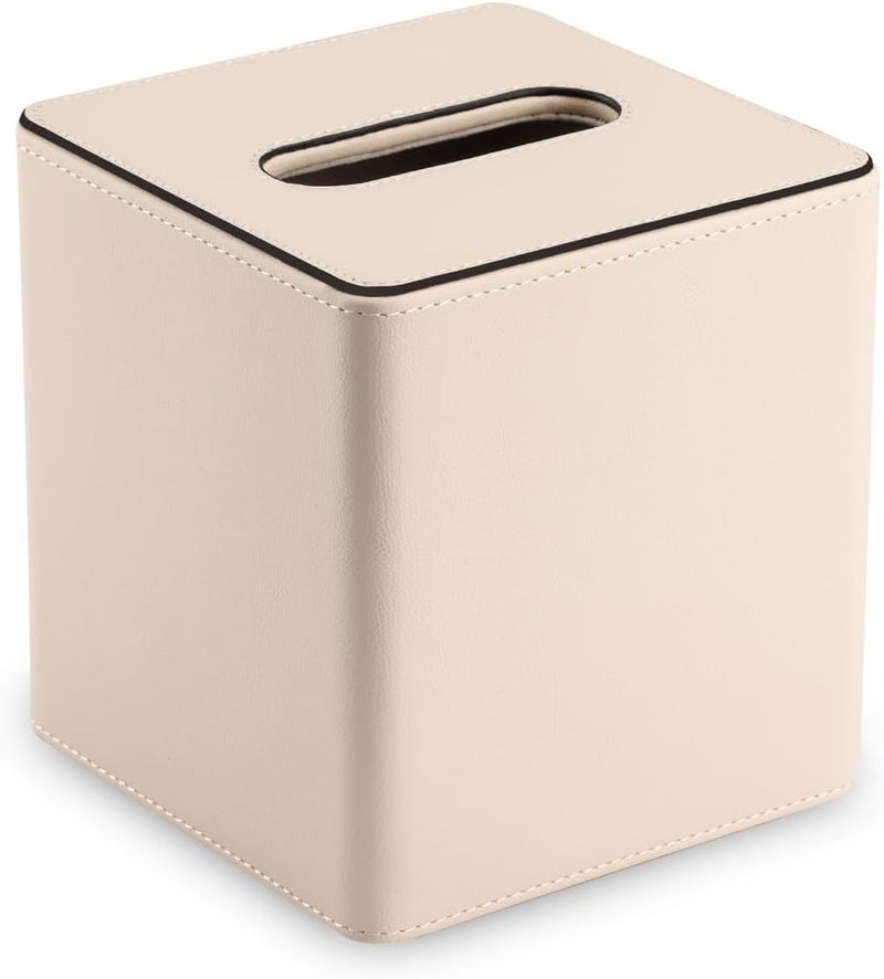 KINGFOM Leather Tissue Box Cover – Square Modern PU Leather Tissue Holder, Cube Tissue Dispenser for Home, Office, Bedroom, Bathroom – Elegant Minimalist Style (Beige-Square) - Image 3