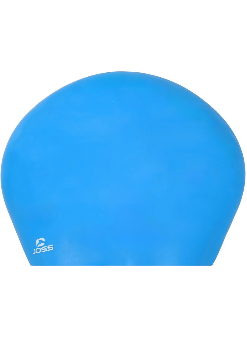 Blue Silicone Swimming Cap For Long Hair  One Size, Soft & Elastic, Snug Fit, Chlorine Protection, Designed For Long Hair Swimmers