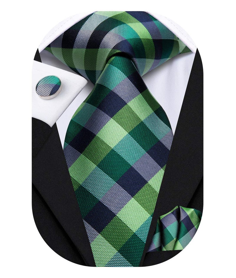 Hi-Tie ربطات عنق هاي-تاي للرجال بنمط المربعات مع منديل وزر أكمام مجموعة ربطة عنق كلاسيكية بنمط بايزل، مربعات خضراء - Image 1