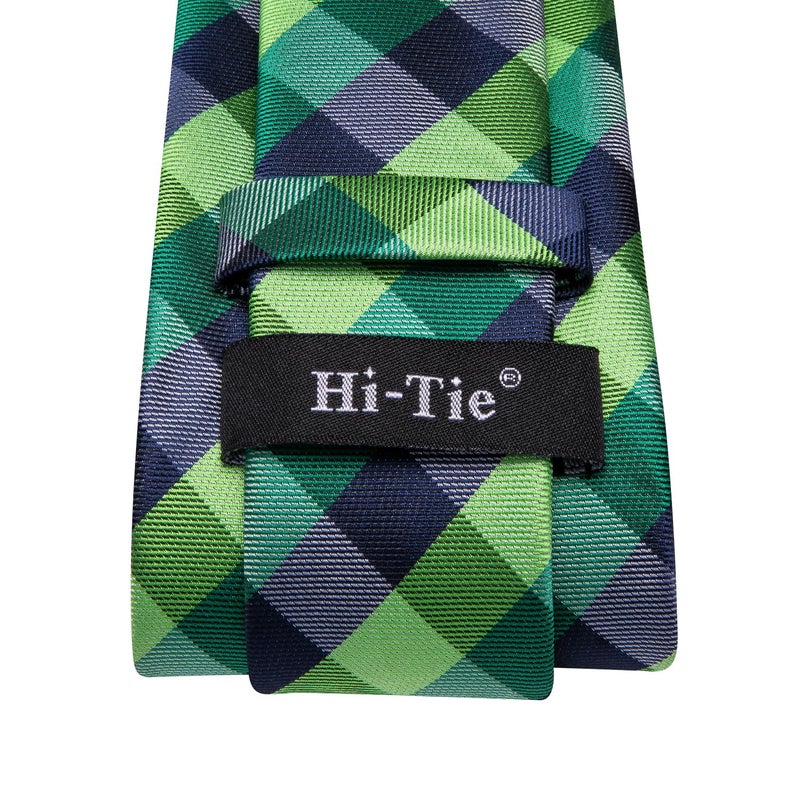 Hi-Tie ربطات عنق هاي-تاي للرجال بنمط المربعات مع منديل وزر أكمام مجموعة ربطة عنق كلاسيكية بنمط بايزل، مربعات خضراء - Image 5