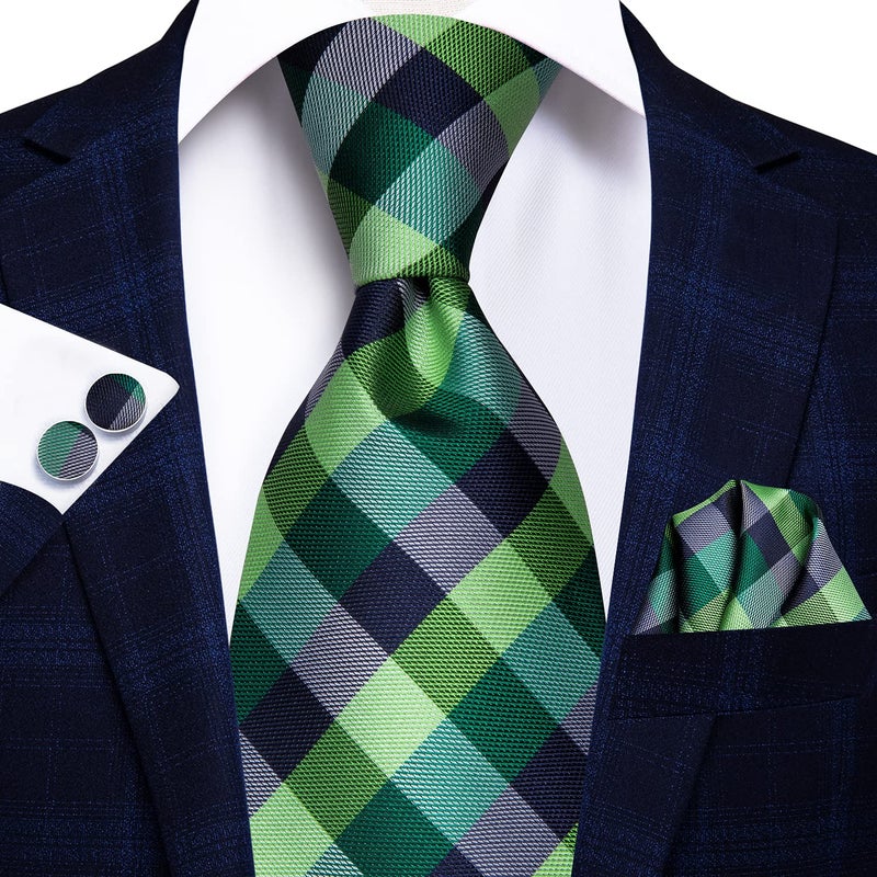 Hi-Tie ربطات عنق هاي-تاي للرجال بنمط المربعات مع منديل وزر أكمام مجموعة ربطة عنق كلاسيكية بنمط بايزل، مربعات خضراء - Image 3