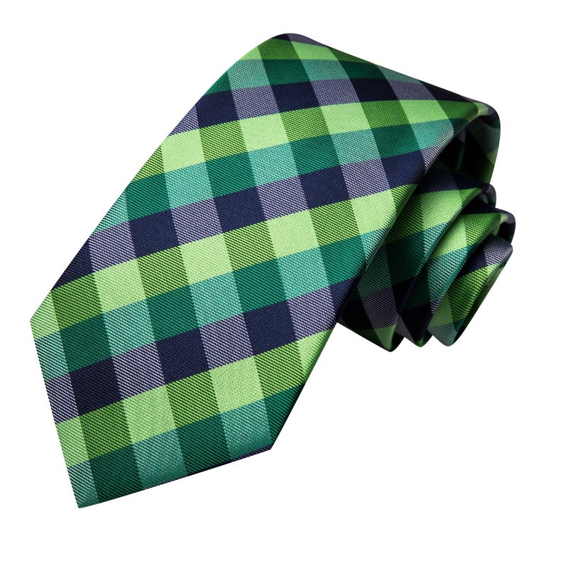 Hi-Tie ربطات عنق هاي-تاي للرجال بنمط المربعات مع منديل وزر أكمام مجموعة ربطة عنق كلاسيكية بنمط بايزل، مربعات خضراء - Image 4