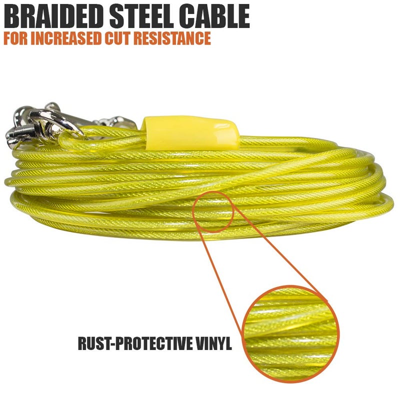 BV Dog Tie Out Cable 25 Feet - Heavy Duty Dog Lead Up to 35 Pounds - Reflective & Rust-Free with Quick Release Swivel Clips & 360Â° Rotating Clasp - Tangle-Free Dogs Runner for Yard (Yellow, Single) - Image 5
