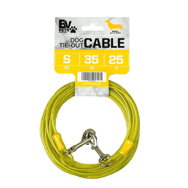 BV Dog Tie Out Cable 25 Feet - Heavy Duty Dog Lead Up to 35 Pounds - Reflective & Rust-Free with Quick Release Swivel Clips & 360Â° Rotating Clasp - Tangle-Free Dogs Runner for Yard (Yellow, Single) - Image 1